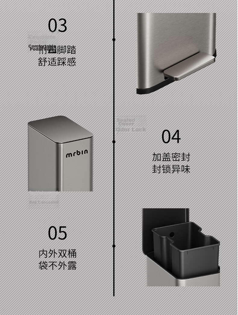 Mr.Bin Living Room Stylish Trash Can Kitchen Pedal Covered Large Household Stainless Steel Bathroom Luxury 15L Gray 18