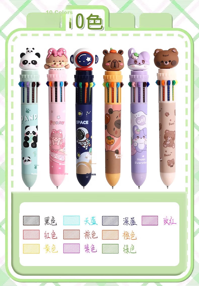 TRUECOLOR 10-Color Powder Girl Ballpoint Pen Cartoon Cute Creative Color Pen Press-Type Multicolor Multifunctional Pen Multi-Color All-in-One Student Marker Note-Taking 1101D 10