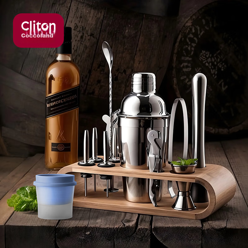 CLITON 304 Stainless Steel Cocktail Shaker Set with Jigger, Hand Press Lemon Squeezer, and Wooden Stand