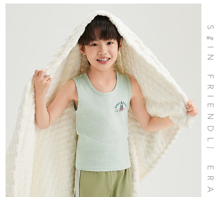 THREEGUN Kids Vest Soft Cotton Mesh Boys Girls Round Neck Vest Aqua Green 120 25