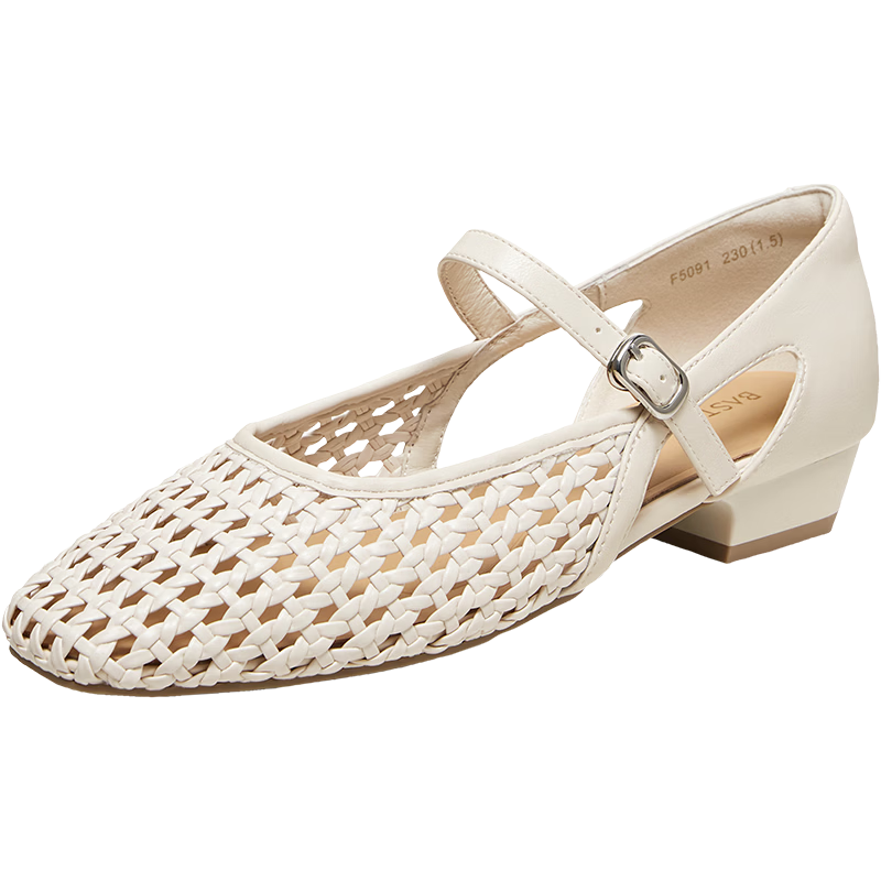 BASTO French Style Woven Hollow Breathable Ballet Mary Jane Sandals Women's Flats F5091BQ6