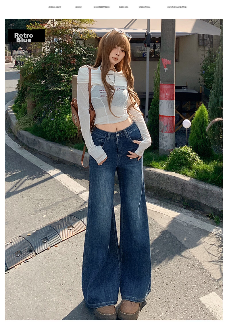 Jeanswest Women's Summer High-Waist Slimming Wide-Leg Casual Flowy Bootcut Jeans Dark Blue 2XL 14