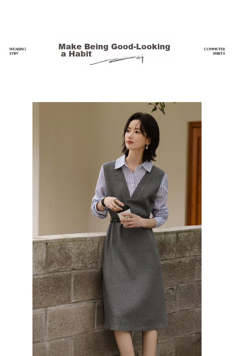 Demana [Cloud Oxygen Cotton Blend] Spring Smart Commuter Two-Piece Style Lapel Loose Mid-Length Women's Dress 10