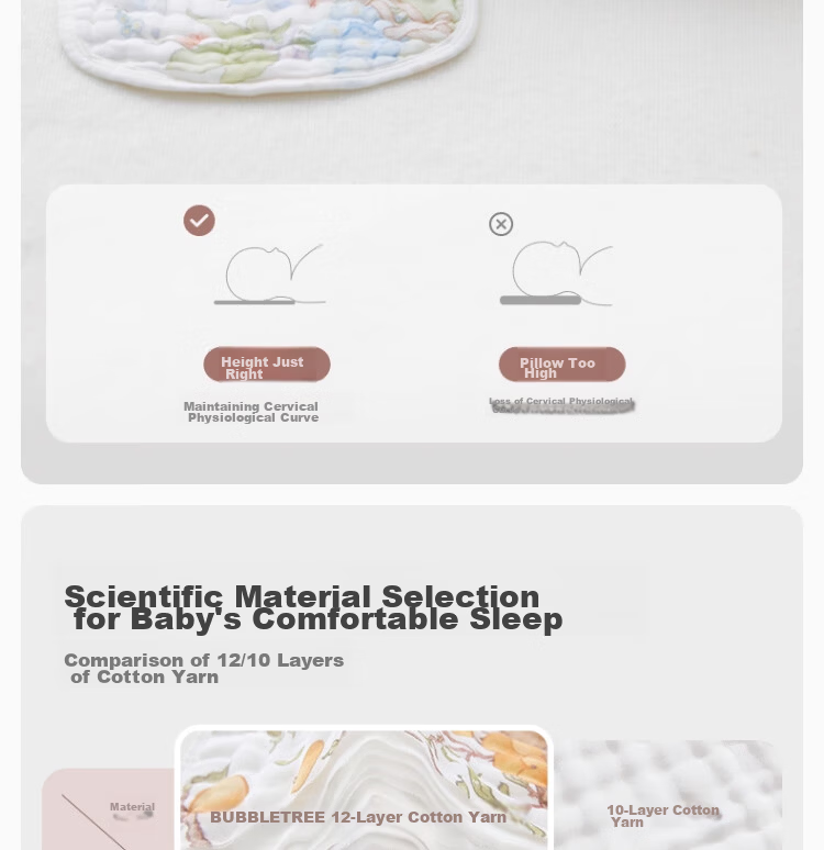 BUBBLE TREE 0-3 Months Baby Pillow Flat Pillow 12-Layer Pure Cotton Gauze Newborn Sweat-Absorbing Breathable Pillow 6