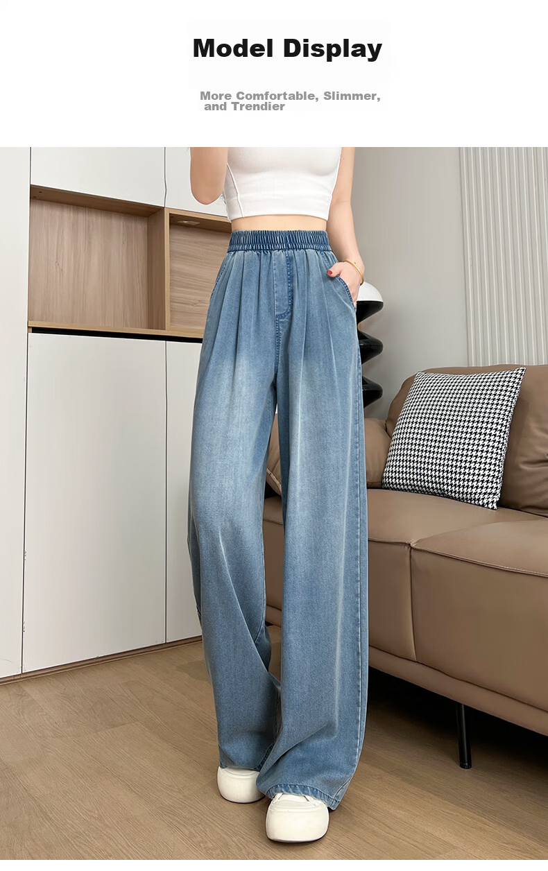 Jeanswest Women's Spring Summer High-Waist Tencel Thin Ice Silk Loose Slim Draped Black Jeans XL 15