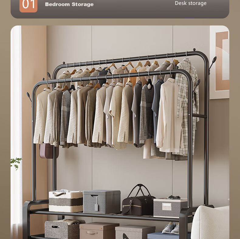 Xiangzhubian Double-Layer Double-Net Floor Standing Coat Rack Clothes Hanger for Dormitory Bedroom Balcony Storage Rack 21