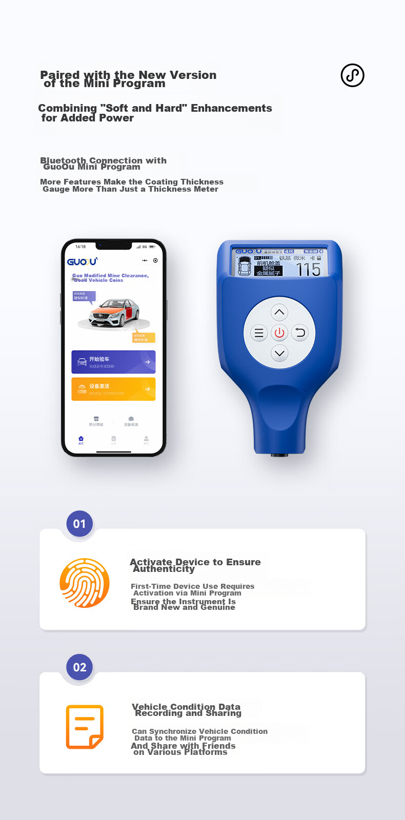 GUOOU 4th Generation Paint Film Gauge High-Precision Used Car Coating Thickness Meter Automotive Paint Thickness Tester Iron Aluminum Vehicle Inspection Blue 2