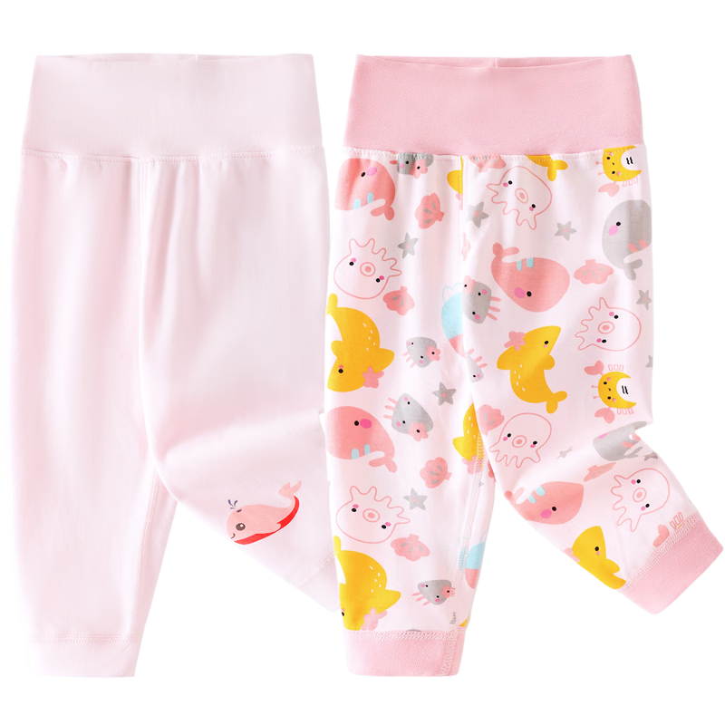 Shubeiyi 2-Pack Baby Pants, Spring And Summer Style, High-Waist Tummy Protection Sleepwear for Boys And Girls, Pure Cotton Children's Autumn Pants, Pink, 90CM