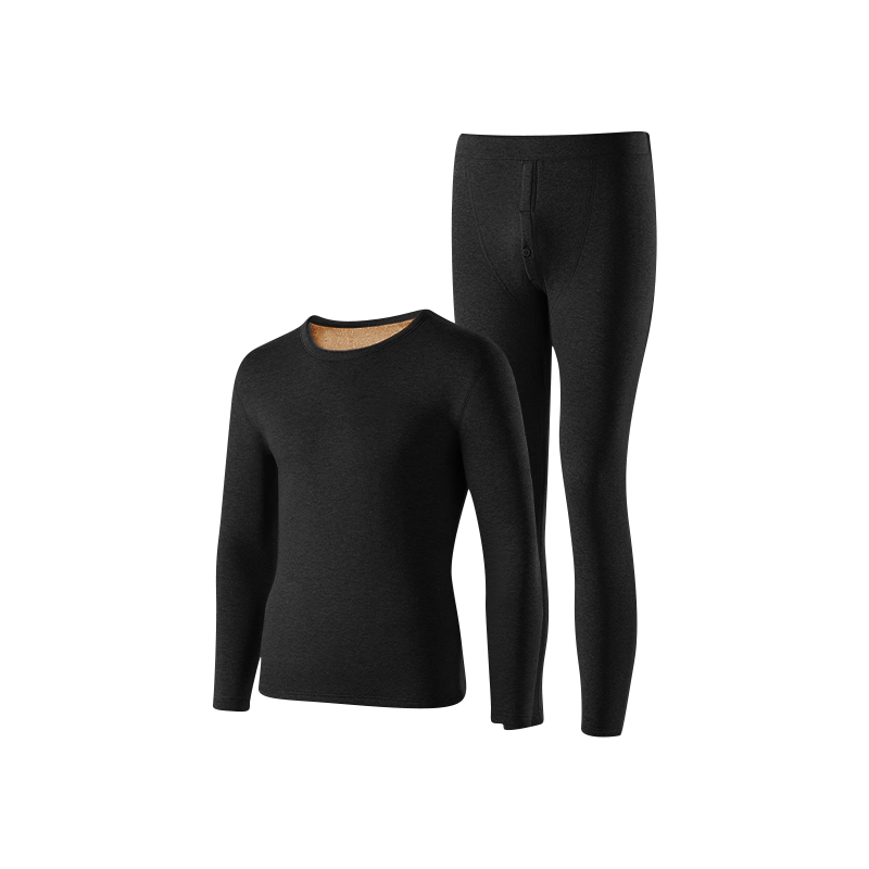 Nanjiren Men's Thermal Underwear Set with Fleece Lining, Thickened Autumn Top And Bottom, Double-Layer Warm Undergarments, Black, Size L
