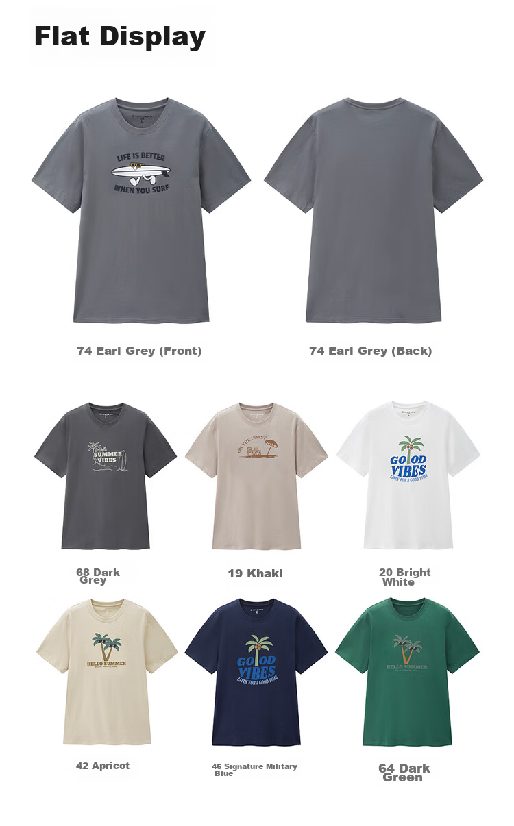 Giordano Men's Short Sleeve T-Shirt Summer New Pure Cotton Vacation Beach Theme Printed Crew Neck Top 13096305 21