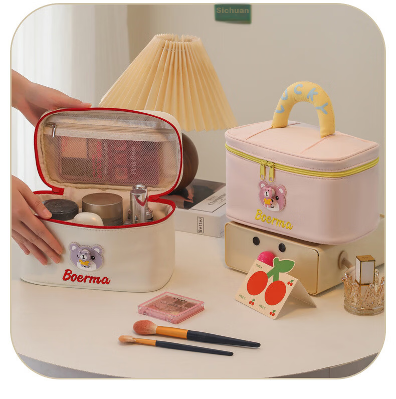 Qinxin Muyu Dopamine Bear Large Capacity Cosmetic Bag for Women Handheld Makeup Storage Portable Toiletry Bag Red and White 19