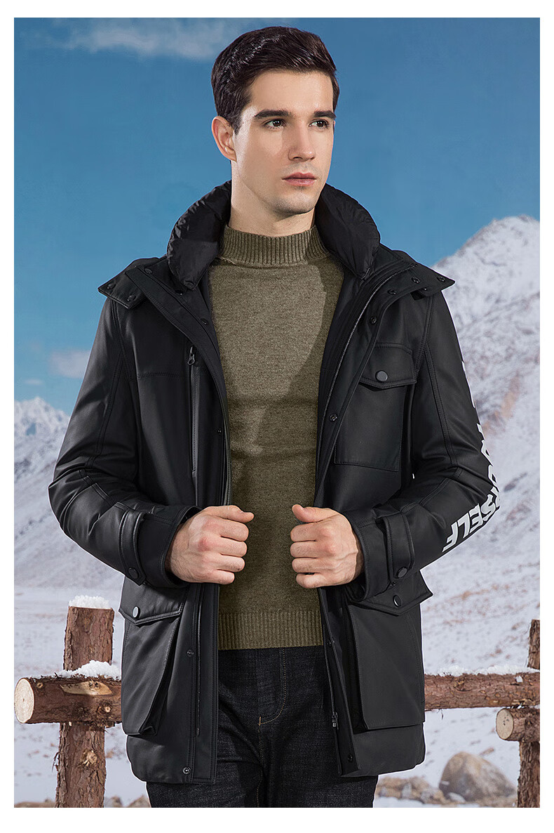 雪豹真皮羽绒服男 绵羊皮皮衣2019冬季新品连帽可拆卸男装 白色 54