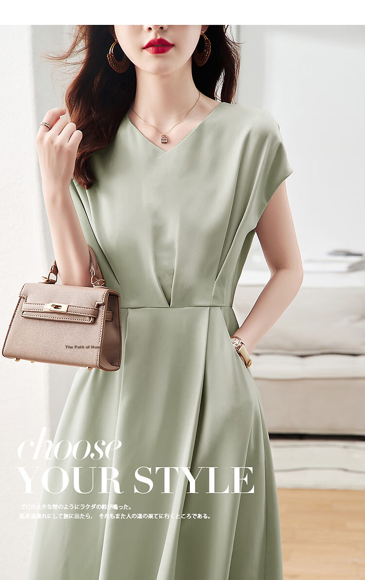 DME A-Line Skirt Summer Commuter V-Neck Short Sleeve Simple Mid-Length Dress for Women 2