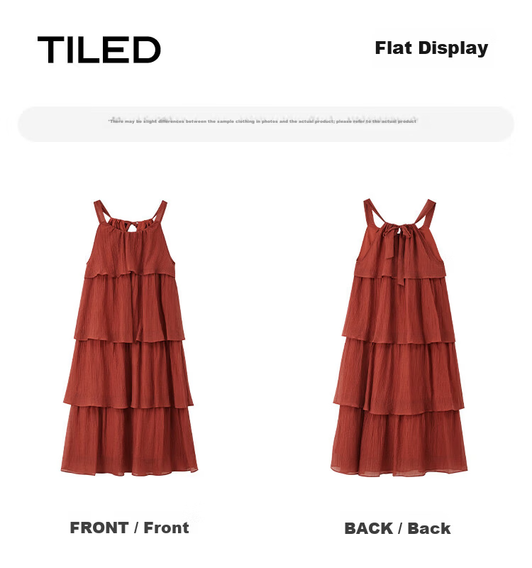 Dme [Heavy Workmanship Layered Spaghetti Strap Dress], Summer Vacation Style, Retro Brick Red, Elegant Cake Skirt 34