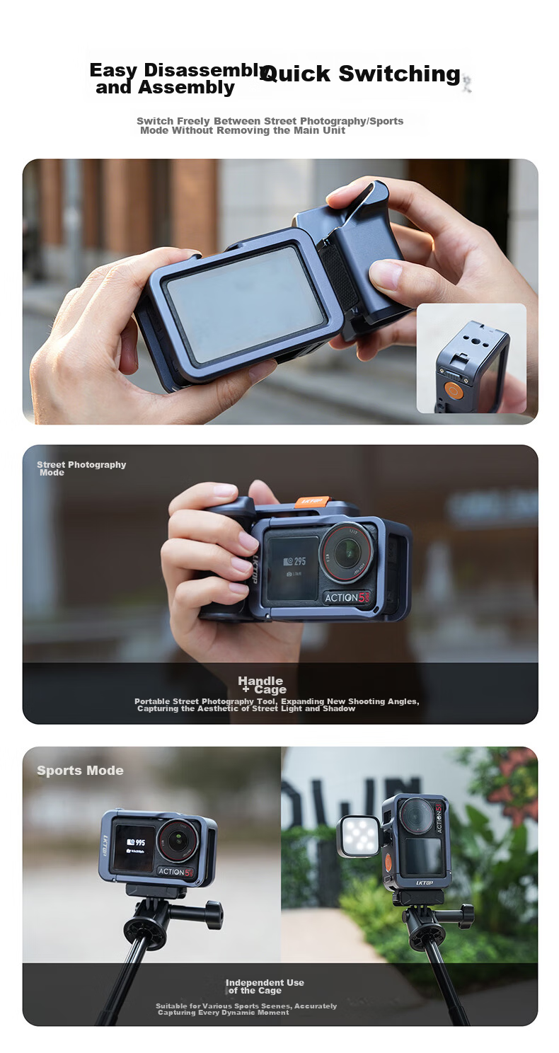 LKTOP Metal Cage Street Shooting Handle Kit for DJI Osmo Action 5 Pro/4/3 DJI Action Series Sports Camera Expansion Accessories 5