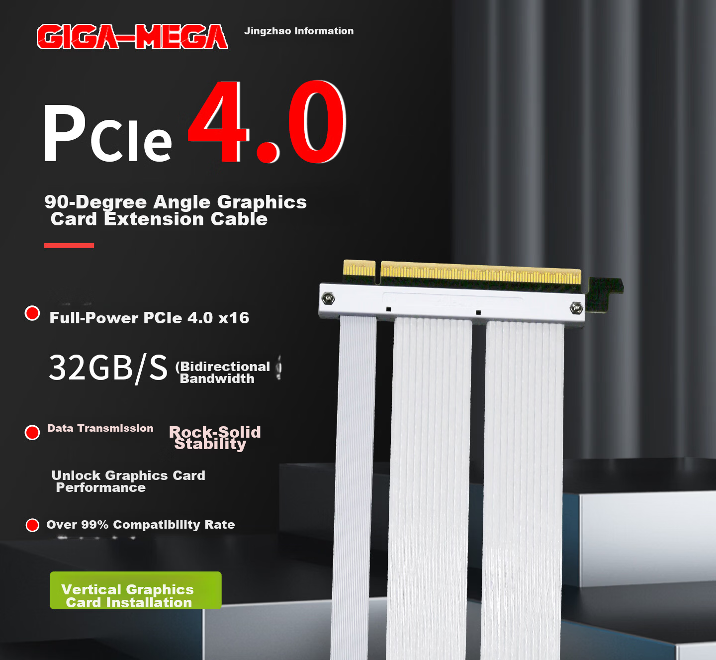 GIGA-MEGA PCIe 4.0 GPU Extension Cable 90-Degree Vertical Mount High-Speed Dual-Layer Flexible Full-Speed Stable Support All Series N/A Cards ATX Case 18cm White 1