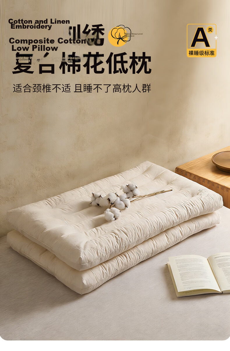 I-WILL Pure Cotton Single Sleeping Ultra-Soft Pillow Core, Pure Cotton Muffin-Shaped Zoned Student Low Pillow (Single Pack), 40*60cm 1