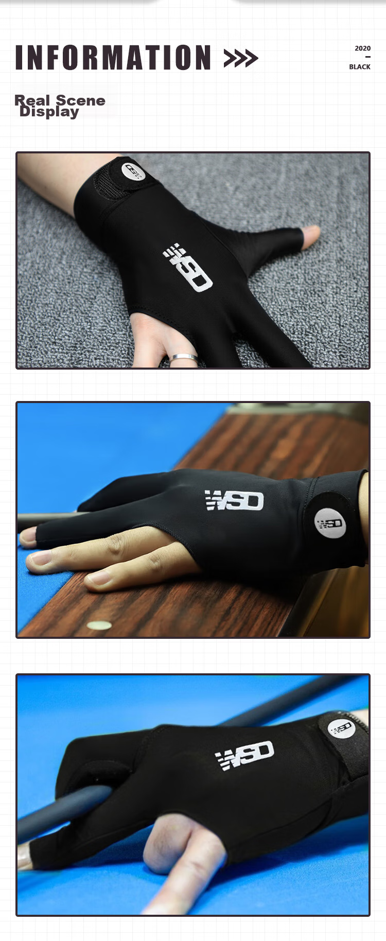 WEISHIDUN Professional Pool Gloves, Three-Finger Breathable Non-Slip Specialized Billiard Cue Accessories for Left-Handed Players 8