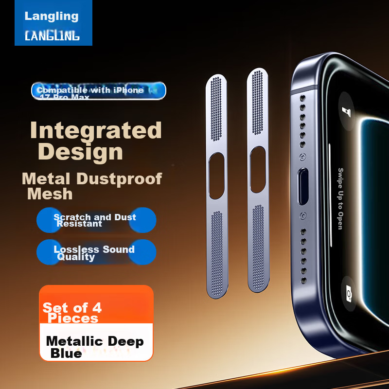 LANGLING [4 Pieces Metal Deep Blue] Dustproof Stickers for Apple iPhone 17 Pro Max Speaker Charging Port Metal Dustproof Covers
