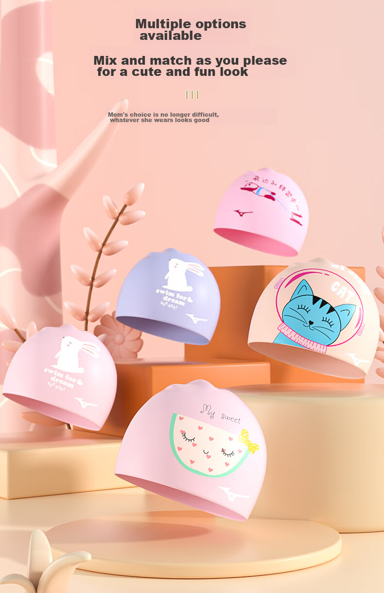 MIZUNO Children's Swimming Cap for Girls, Silicone Non-Binding Cute Professional Waterproof Ear Protection Printed Swim Cap N2CW2S12 Pink And White Rabbit 4