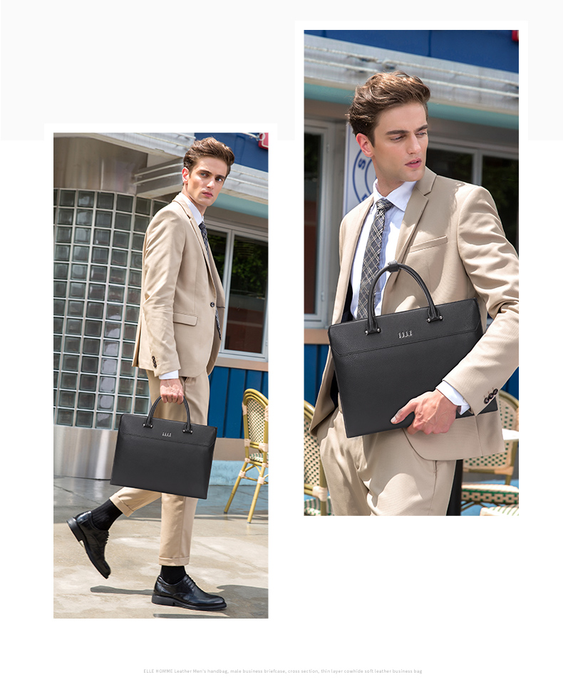 ELLE HOMME Men's Business Briefcase, Handheld Work Bag Horizontal Style Top Layer Cowhide Laptop Bag Large Capacity Fashionable Men's Bag EA888200411 Black 2