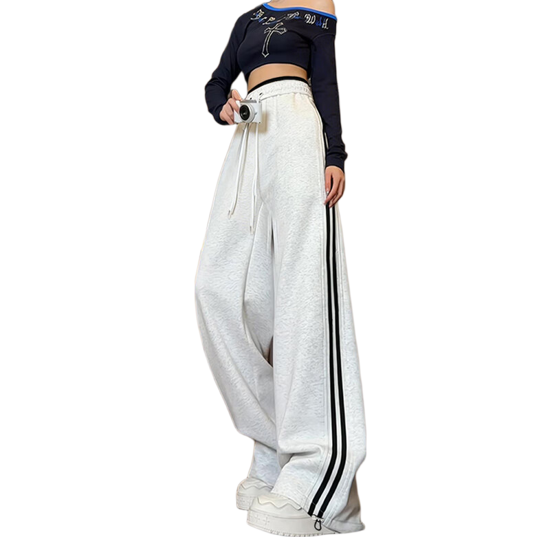 MJ STYLE Striped Wide-Leg Pants for Women, Autumn 2026 Collection, Patchwork Waistband, Casual American Style, Dual-Wear Straight-Leg Sports Sweatpants for Students