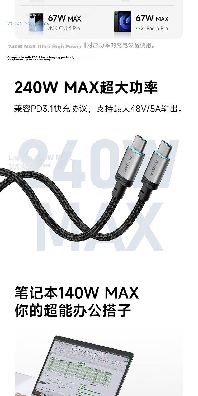 CUKTECH Cool State Type-C Charging Cable 240W High Power CTOC Braided 6A Fast Charge Compatible with Apple 17/iPad/Xiaomi Huawei Phones Laptops 1.5m Pink 4