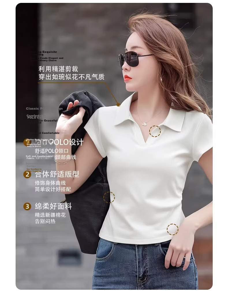 Woodpecker Pure Cotton Polo Collar Short Sleeve T-Shirt Women Summer Shoulder Pleated Waist Slim Fit Cropped Top Black XL 5