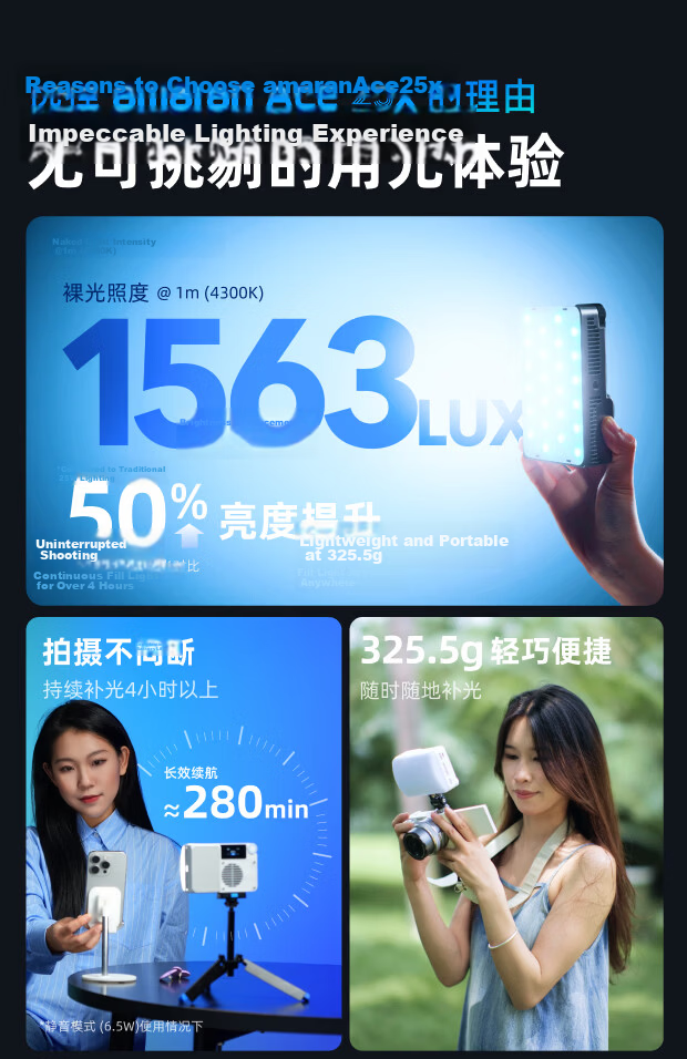 Aputure Ace 25x 25c Handheld Portable Fill Light Video Portrait Outdoor Magnetic Constant Light Travel Outdoor Live Streaming Photography LED Light 3