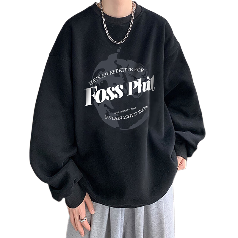 Foss Phil Men's Sweatshirt, Spring And Autumn Fashion Brand, Round Neck Printed Oversize Casual Long-Sleeve Undershirt, FPW1 Black M