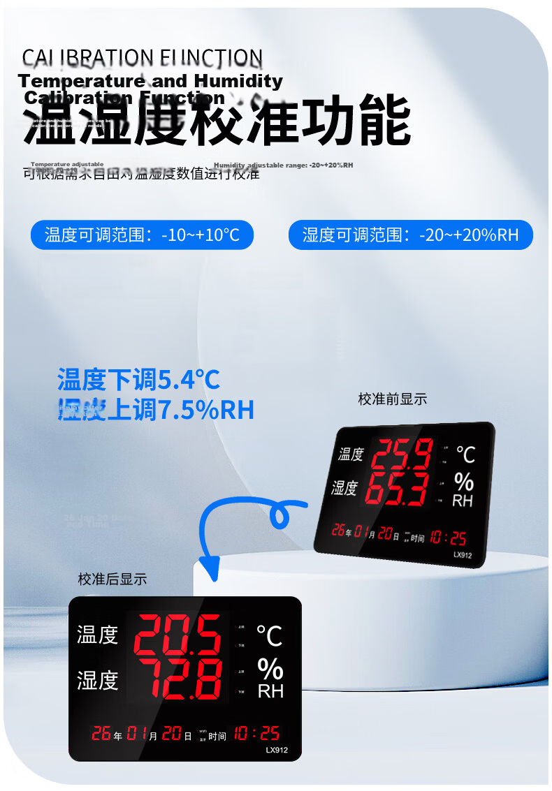 Rongce Industrial Grade LX912 Temperature and Humidity Meter for Warehouse Workshop Indoor Home Use High Precision Large Screen Built-in Probe 8