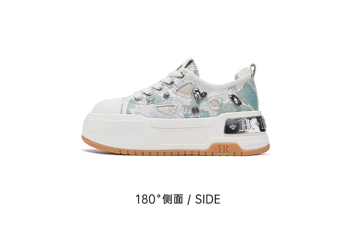 HR Helena Women's Shoes 2026 Early Spring New Thick Sole Casual Sneakers Embroidered Studs Versatile Light Green Size 38 10