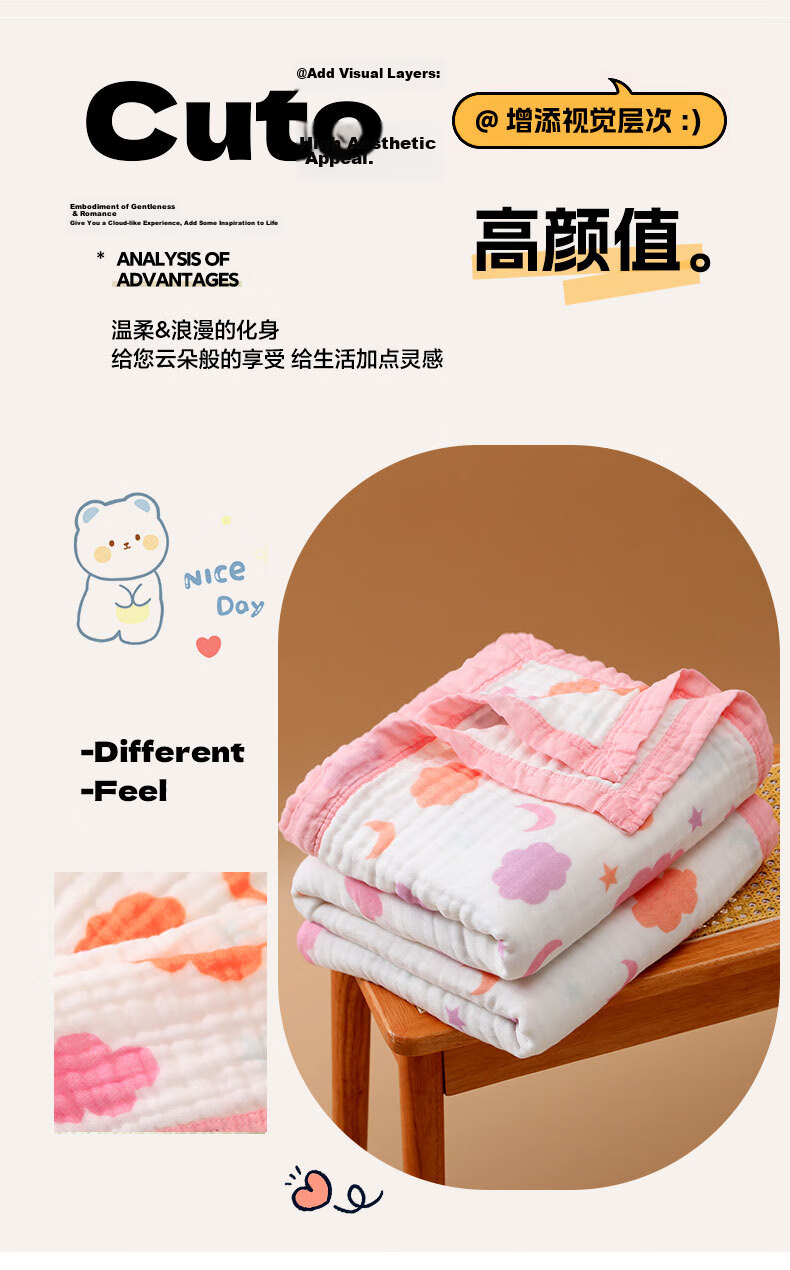Grace Pure Cotton Antibacterial 6-Layer Bubble Gauze Air Conditioning Blanket Summer Gauze Quilt Star Moon Cloud 1.2*1.5M 10