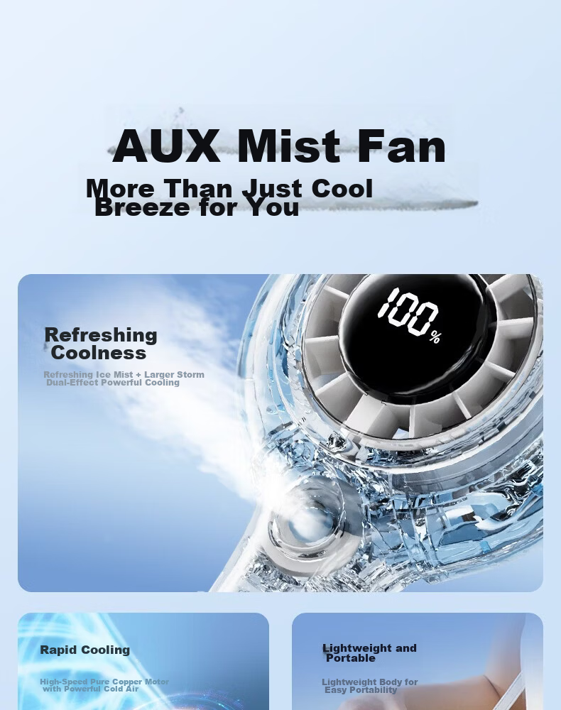 AUX Handheld Portable Mist Fan Long Battery Life Office Outdoor High Power USB Mini Rechargeable Fan 3