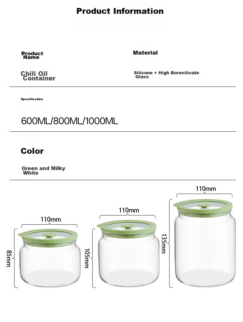 PINYU Glass Chili Oil Container with Lid, High-Temperature Resistant Lard Jar, Food-Grade Sealed Household Spicy Oil Pot 18