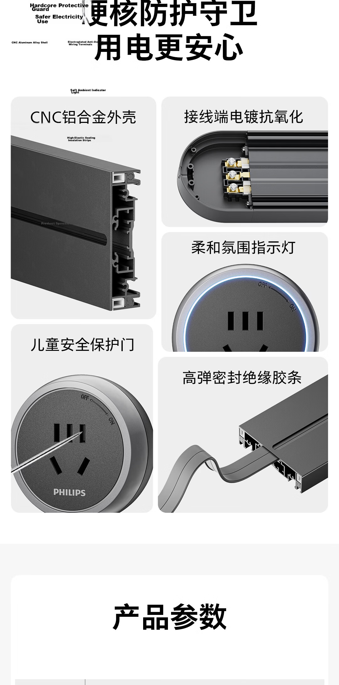 PHILIPS Slim Track Socket Ambient Light Power Strip Wall-Mounted Wireless Slot-Free Sliding Rail Socket Panel 75cm with 4 Adapters Black 14