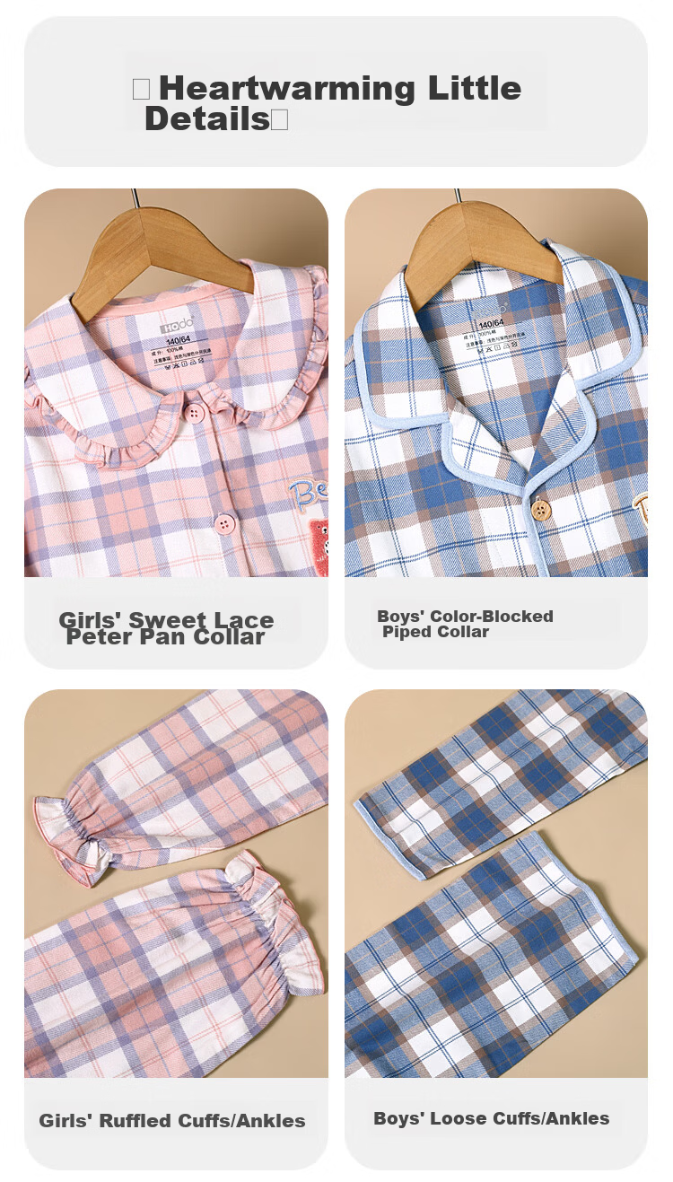 Hodohome Boys' Cotton Brushed Plaid Pajama Set, Cardigan Long Sleeve Top and Pants, Size 140 7