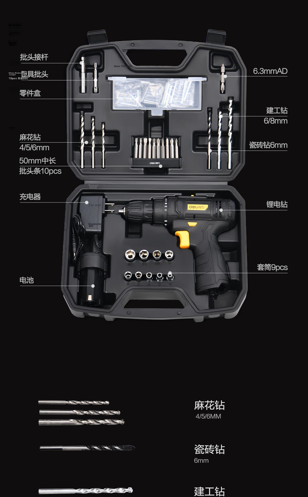 Deli Household Multi-Functional Hardware Toolbox Impact Drill Set, 65-Piece Comprehensive Repair Kit for Electricians And Carpenters 11