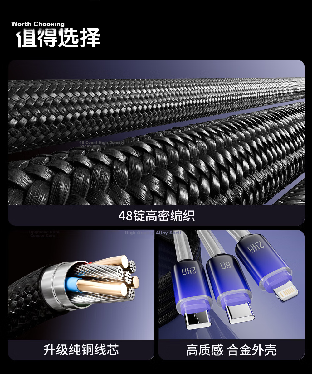 Beimo 3-in-1 Fast Charging Data Cable 120W Type-C Charger Cable Compatible with iPhone 17 Pro Max/16 Huawei/Xiaomi Car Charger 2m 2