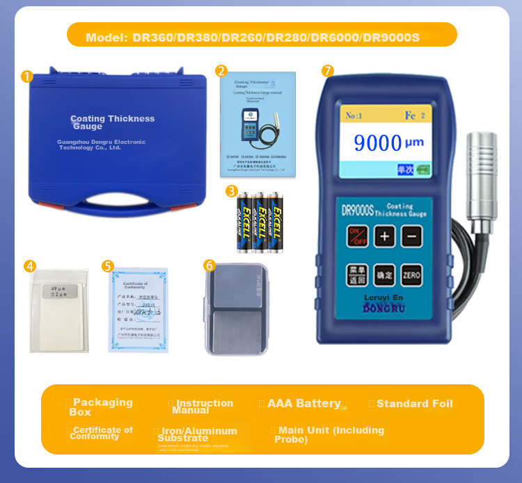 Dongru Anti-Corrosion Coating Thickness Gauge High-Precision Paint Thickness Tester DR5000S Iron-Based 0-5mm 16