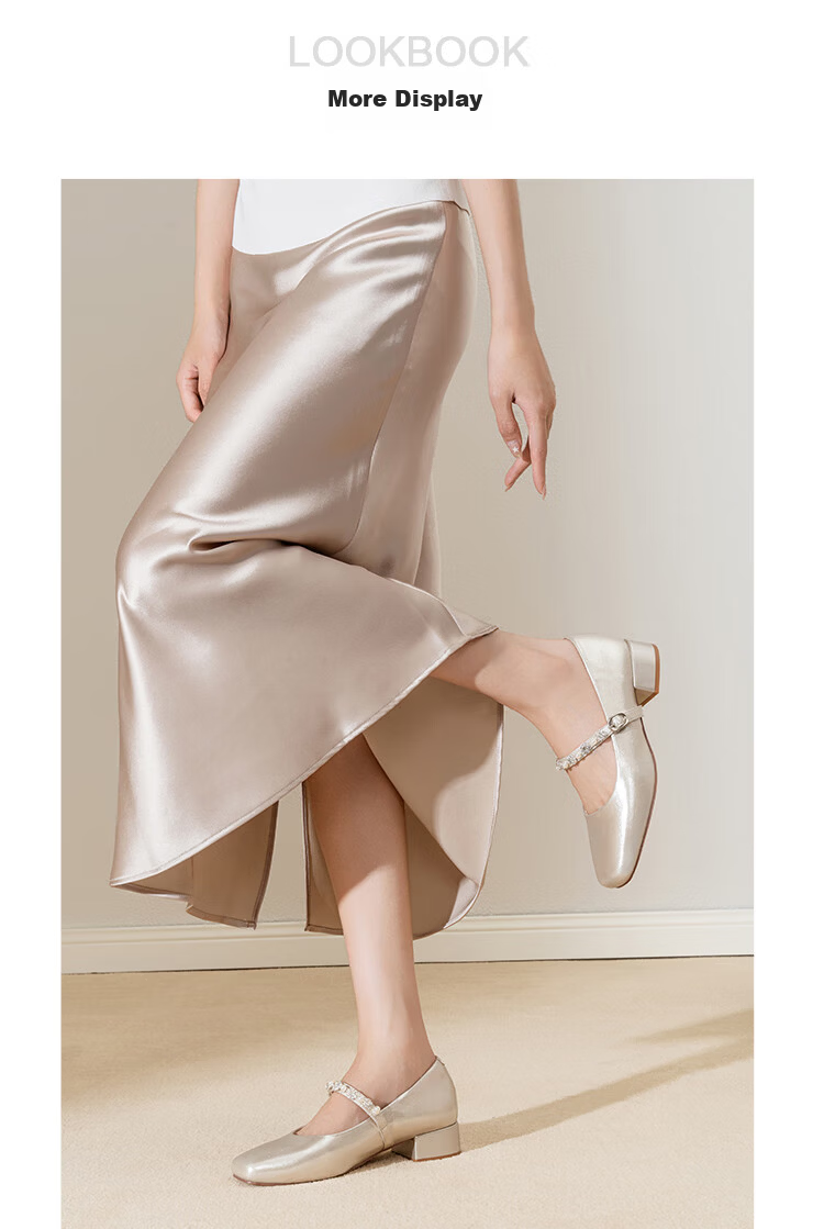 Zhuoshini French Mary Jane Shoes for Women 2026 New Summer Square Toe Low-Cut Leather Chunky Heel Single Shoes with Skirt Champagne Gold Size 35 16