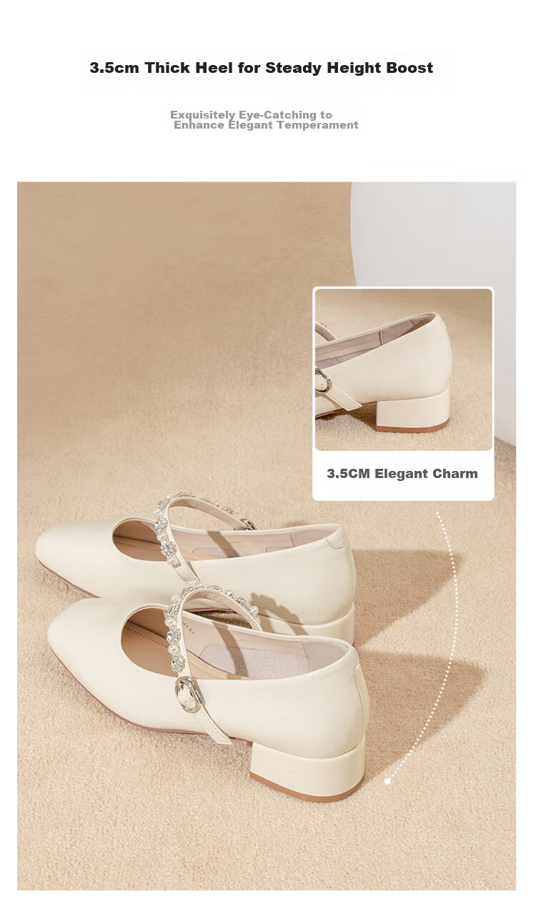 Zhuoshini French Mary Jane Shoes for Women 2026 New Summer Square Toe Low-Cut Leather Chunky Heel Single Shoes with Skirt Champagne Gold Size 35 9