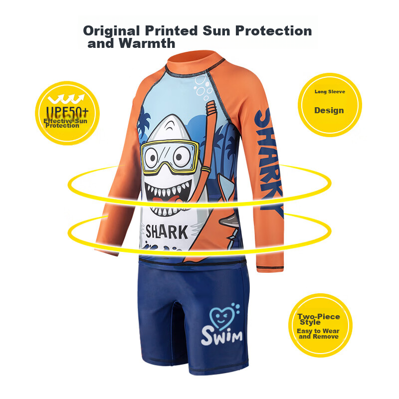 Sulang UPF50+ Sun Protection | 20% Spandex High-Elastic Long-Sleeve And Pants Set for Boys, Children's Swimwear, Shark Diving 120 2
