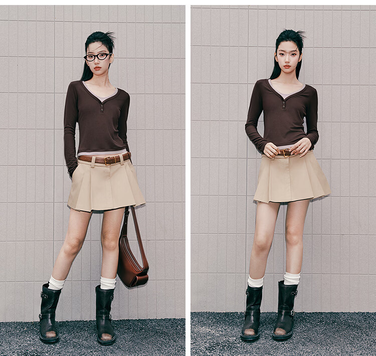 Semir Women's Long Sleeve T-Shirt 26 Autumn Short Slim Fit V-Neck Color Block Faux Two-Piece Top 109526101006 30
