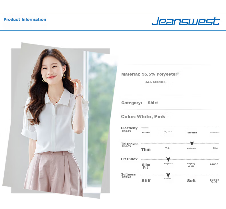 Jeanswest Women's White Short Sleeve Shirt with Lapel Collar Summer Professional Commuting Top, Size L 7