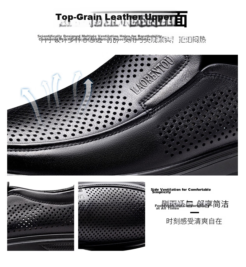LAORENTOU Men's Summer New Genuine Leather Hollow Casual Slip-On Soft Sole Breathable Perforated Shoes LL175 Black Size 38 6