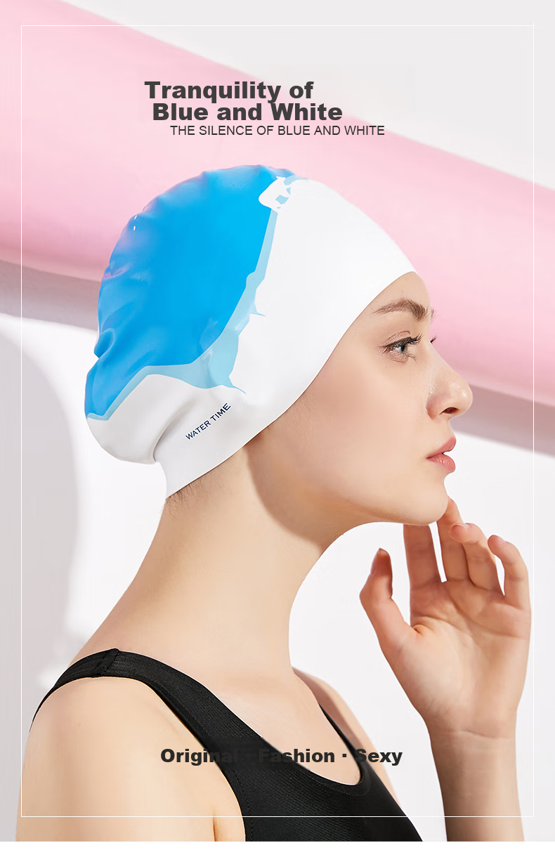 WATERTIME / Shuichuan Swimming Cap for Women, Waterproof Ear Protection, Silicone Chlorine-Resistant Professional Long Hair Large Size Non-Binding Printed Swim Cap 1