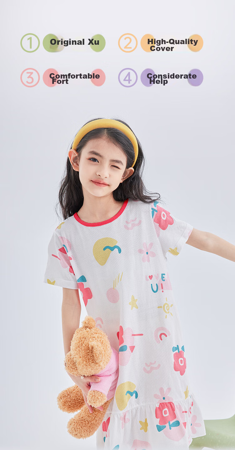 Hodo 【7A Antibacterial Pure Cotton】Girls Lightweight Breathable Mesh Nightdress Toddler Summer Cotton Short Sleeve Home Dress 2