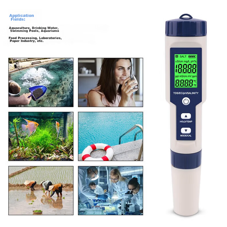 Honggong Water Quality Tester PH/EC/TDS Temperature Salinity Acidity Conductivity 5-in-1 High-Precision Meter Pen 13
