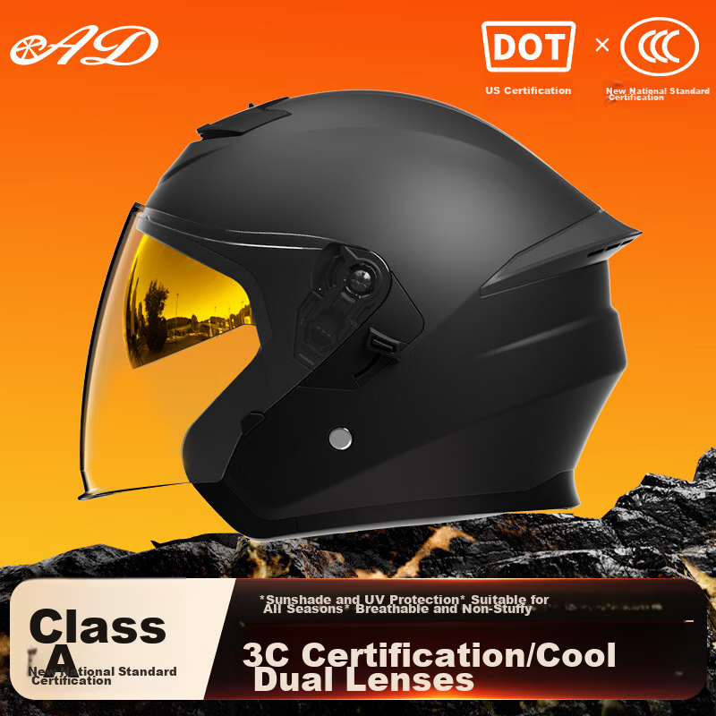 AD Motorcycle Helmet 3C Certified Unisex Four-Season Dual-Visor Half Helmet Summer Electric Bike Winter Warm Anti-Fog Safety Cap 601 Matte Black